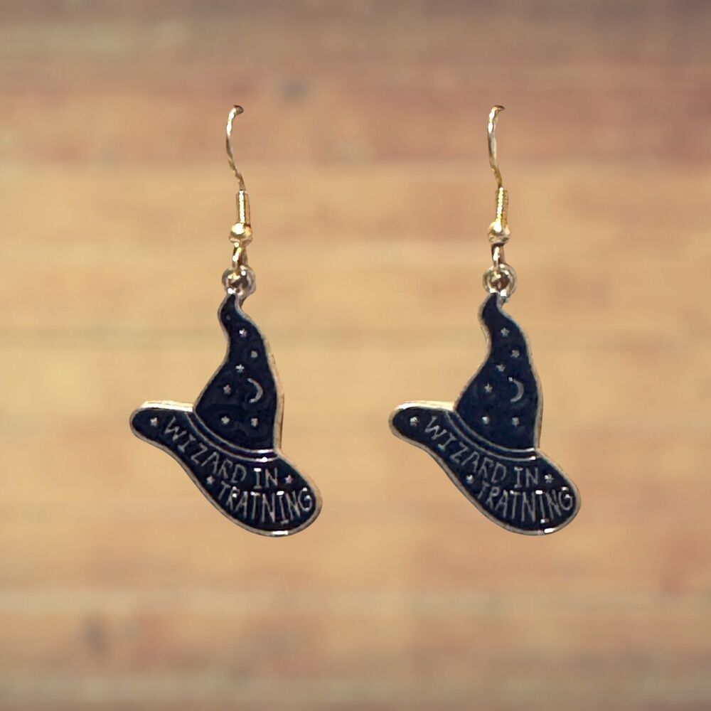 Halloween Enamel Black Witch Wizard Hat Gold Earrings #2256 - Picture 5 of 6